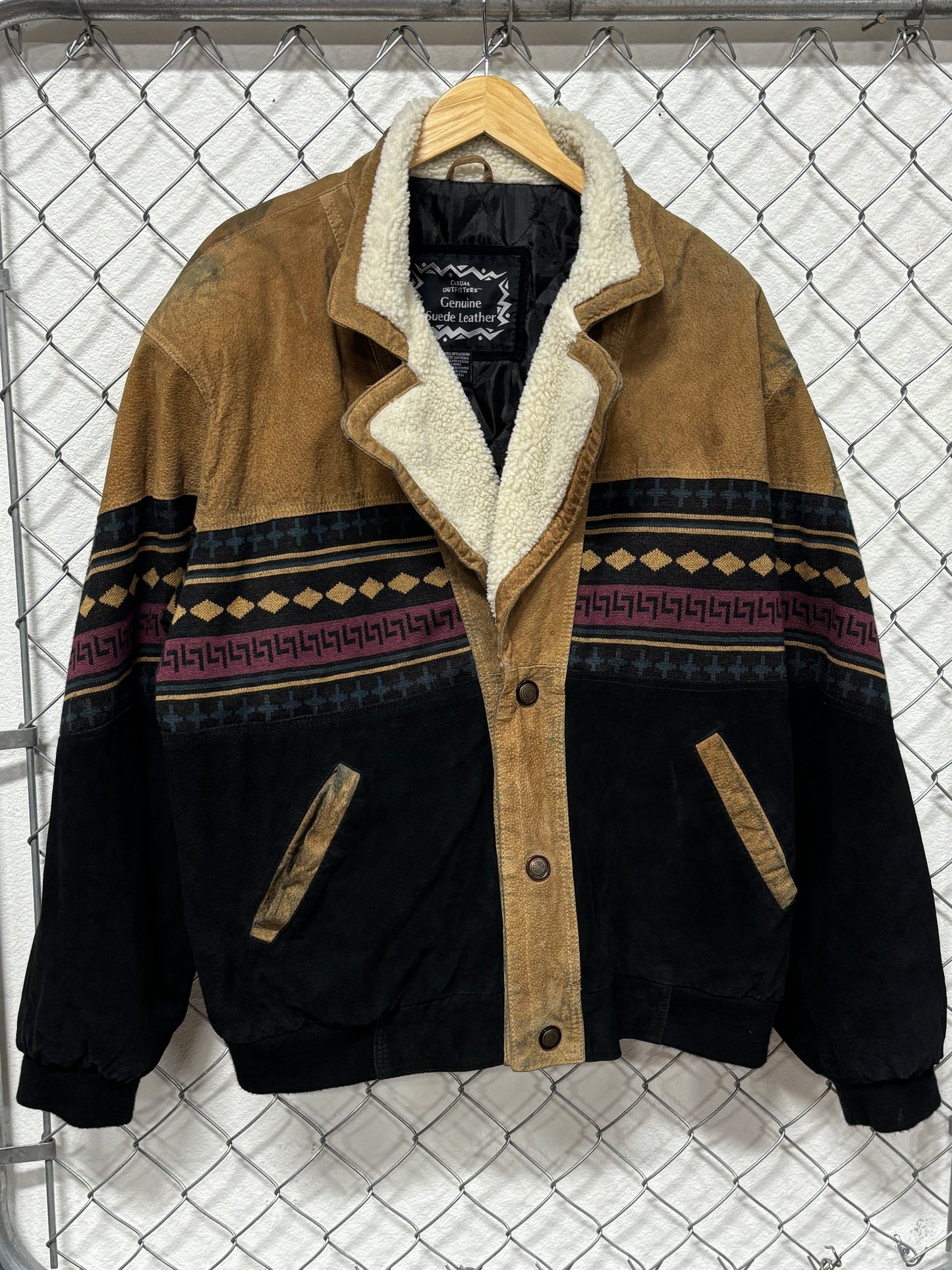 Vintage Aztec Stripe Suede Jacket Distressed Size XXL