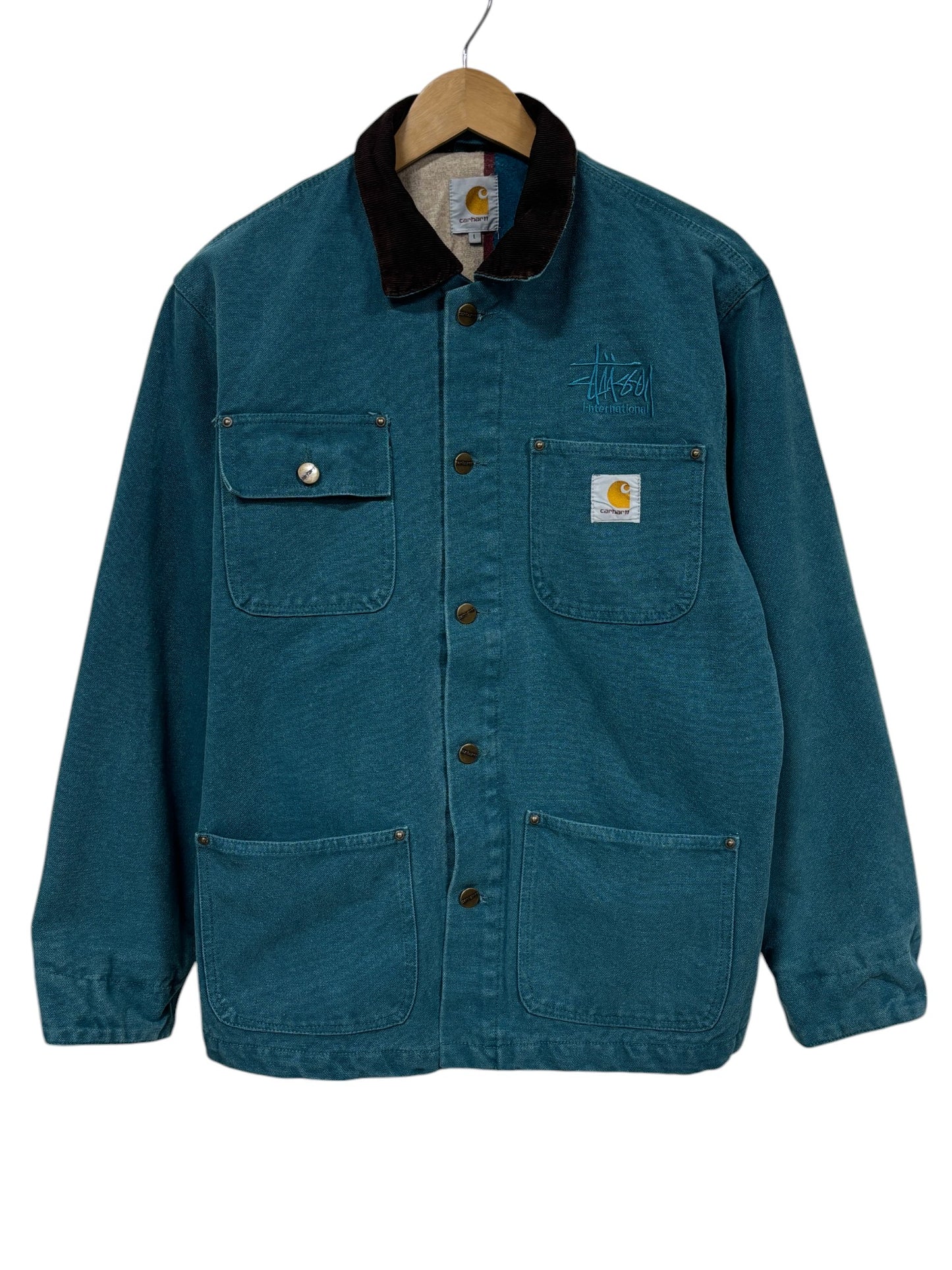 Stussy x Carhartt WIP Teal Blue Blanket Lined Chore Coat Size Large