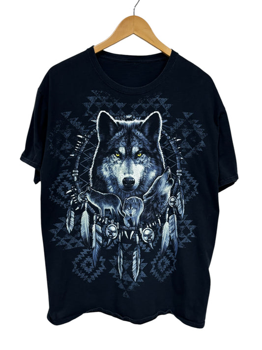 Vintage Y2K Wolf Big Print Biker Graphic Tee Size Large