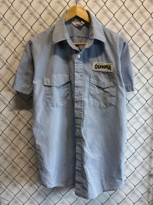 Vintage 90's Olympia Short Sleeve Striped Blue Mechanic Shirt Size Medium
