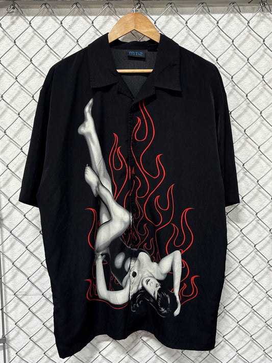 Vintage Y2K Short Sleeve Flames Button Up Shirt Size XL