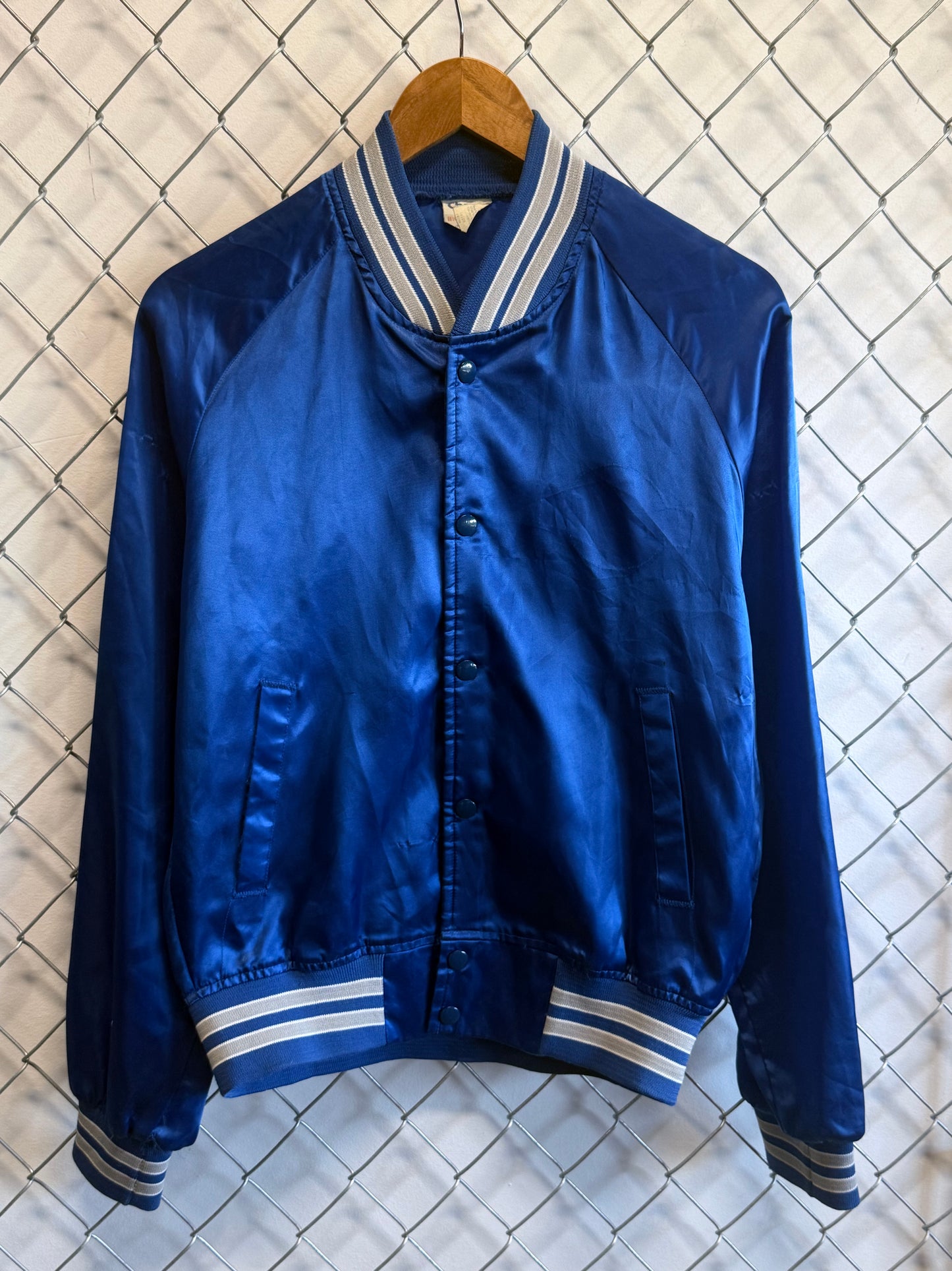 Vintage Chalk Line Blue Satin Bomber Jacket Size Small