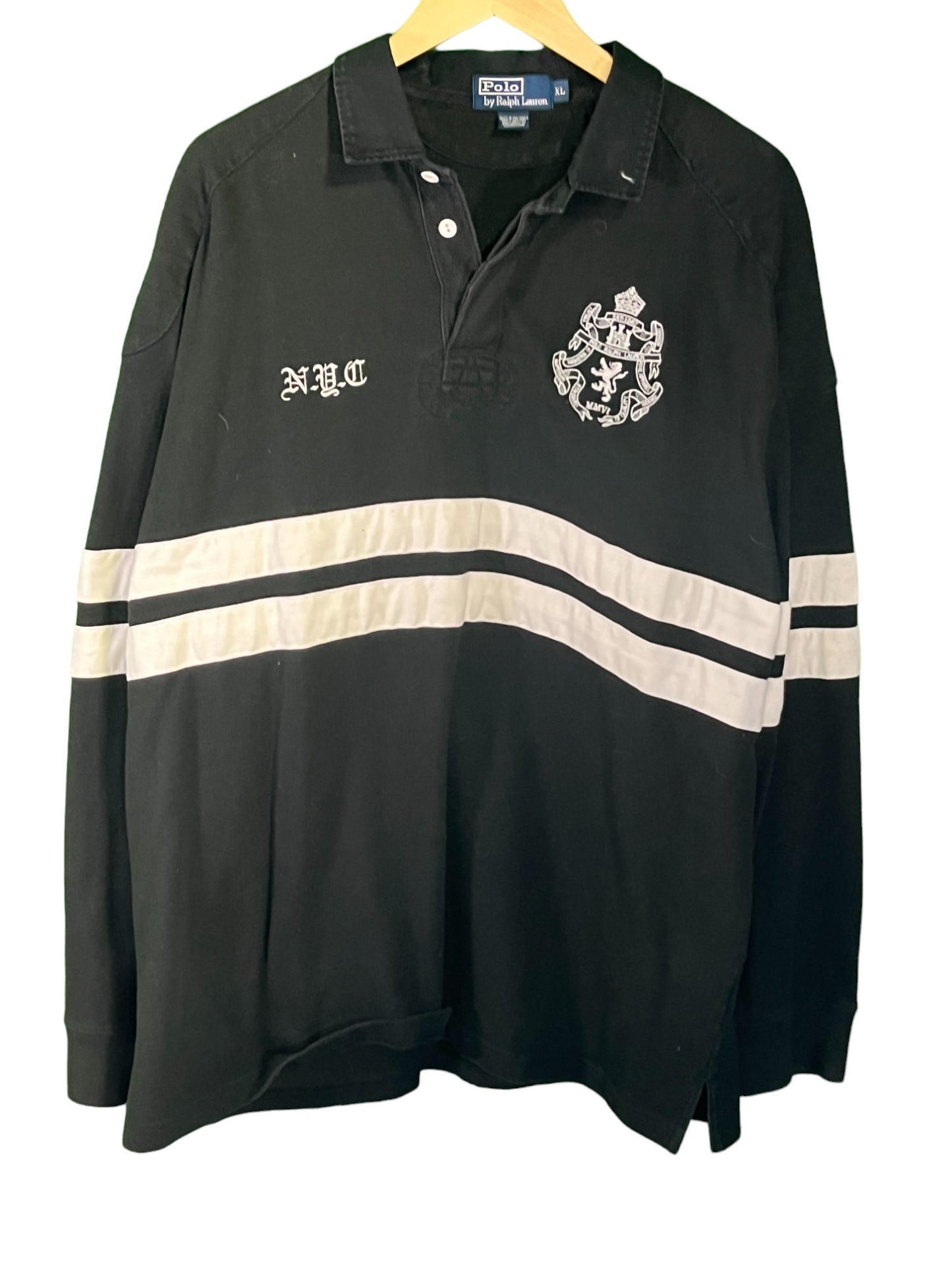 Vintage Polo Ralph Lauren Black Striped NYC Long Sleeve Rugby Shirt Size XL