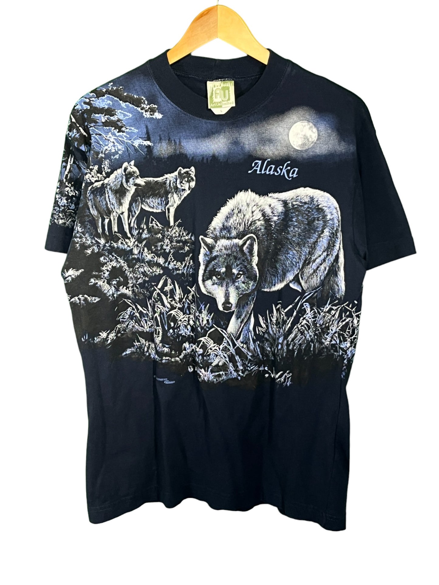 Vintage 90's Art Unlimited Wolf Nature All Over Print Graphic Tee Size Large