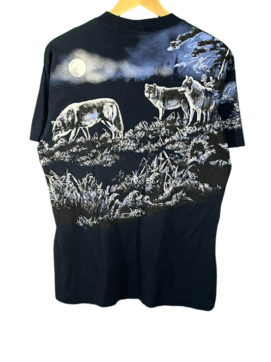 Vintage 90's Art Unlimited Wolf Nature All Over Print Graphic Tee Size Large