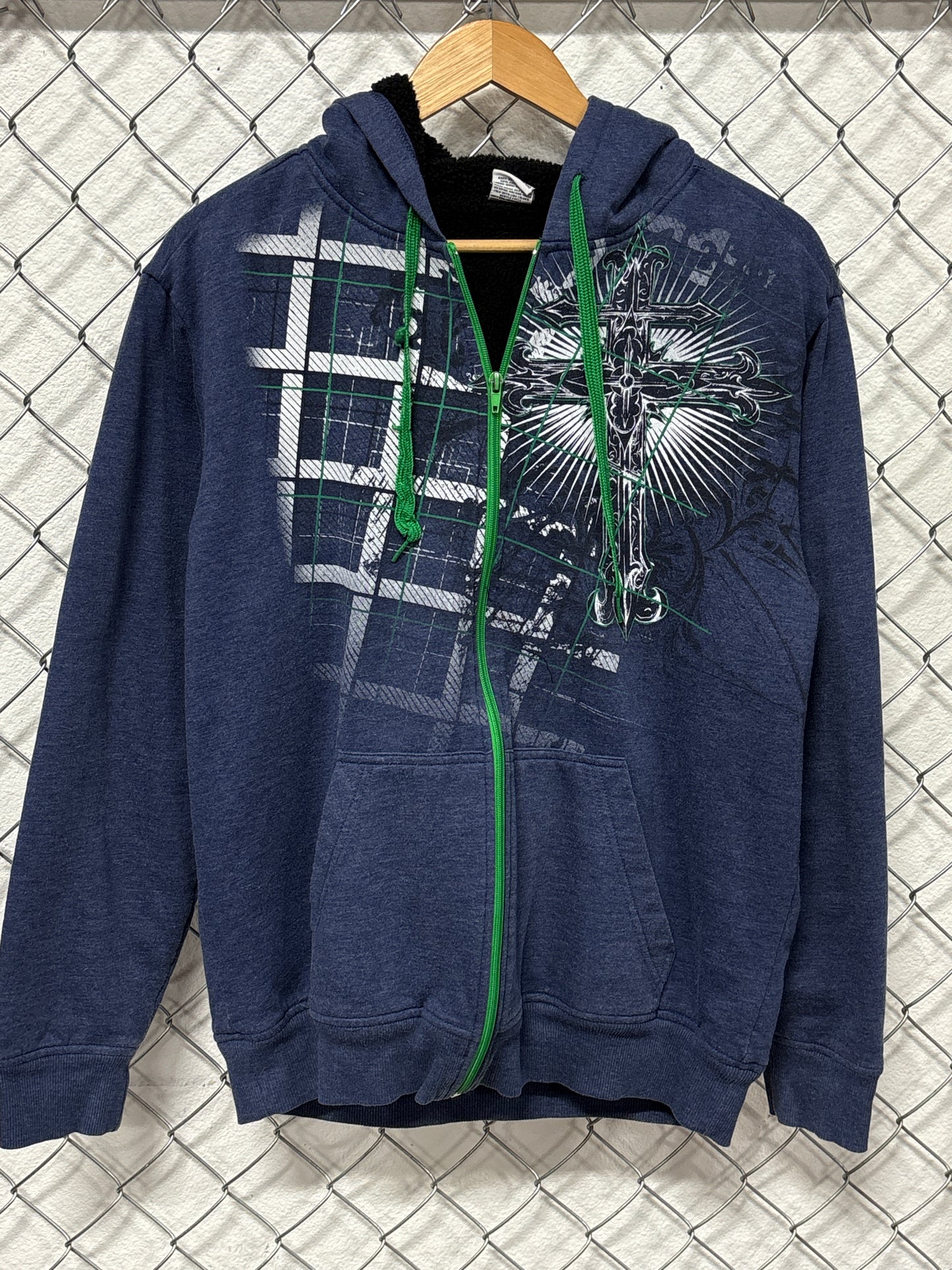 Vintage Y2K Affliction Style Blue Zip Up Hoodie Size Medium