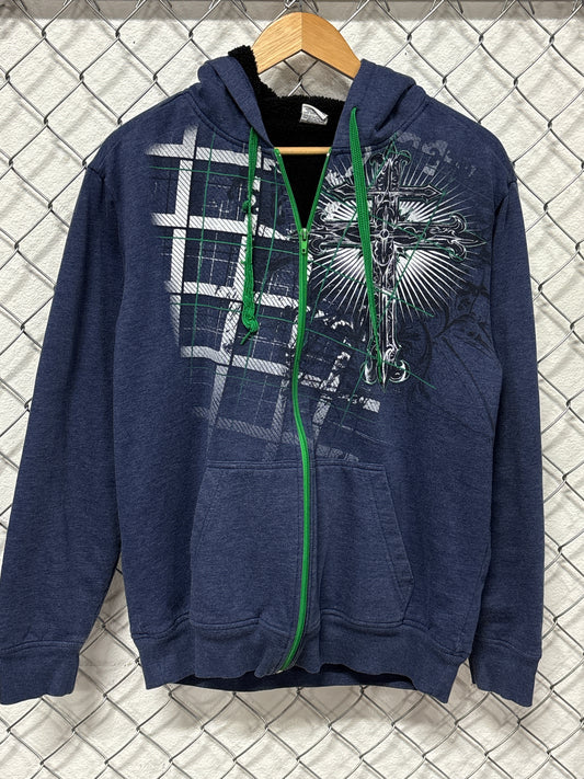 Vintage Y2K Affliction Style Blue Zip Up Hoodie Size Medium