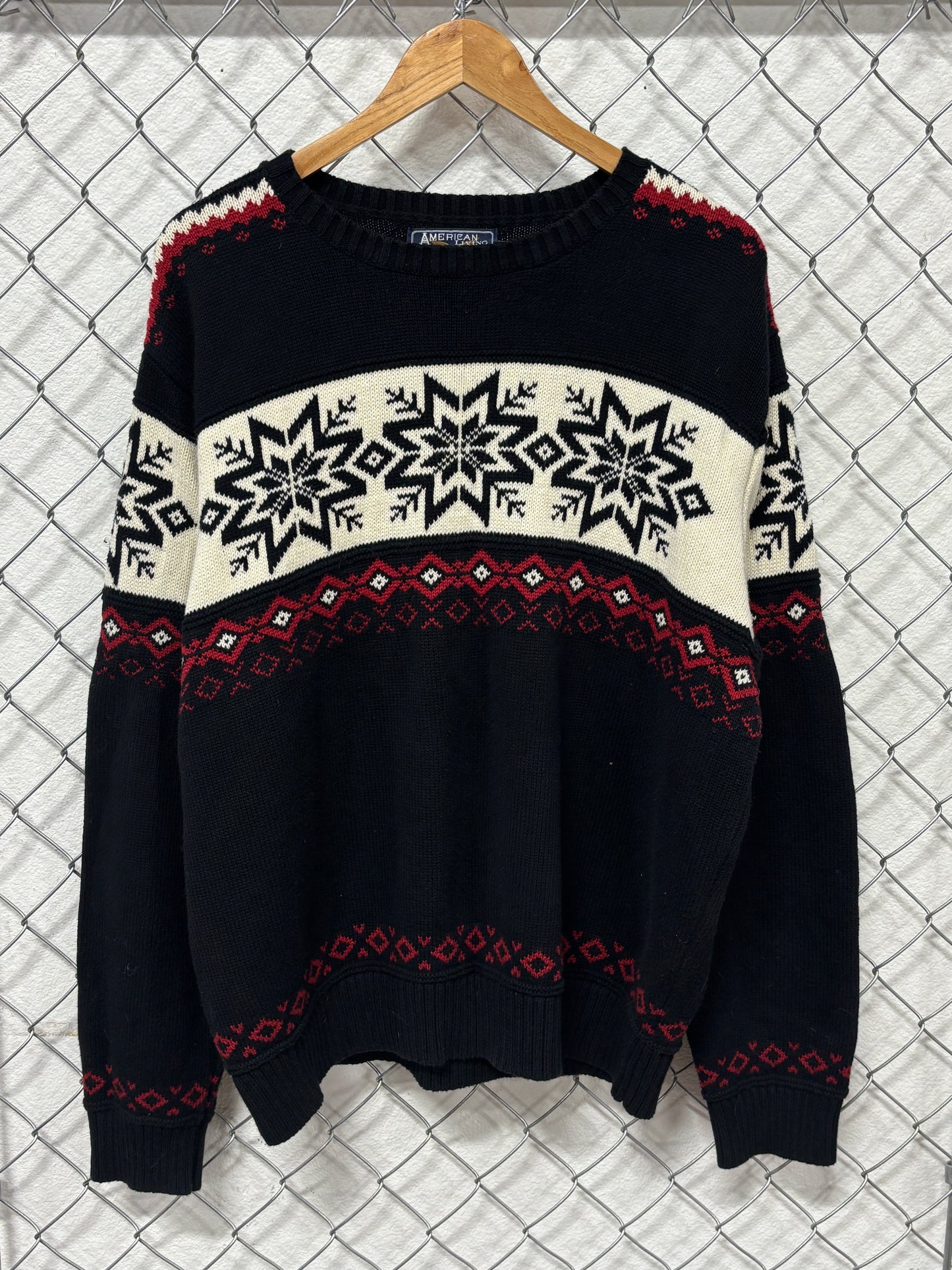 Vintage 90's Black Acrylic Knit Snowflake Pattern Sweater Size XL