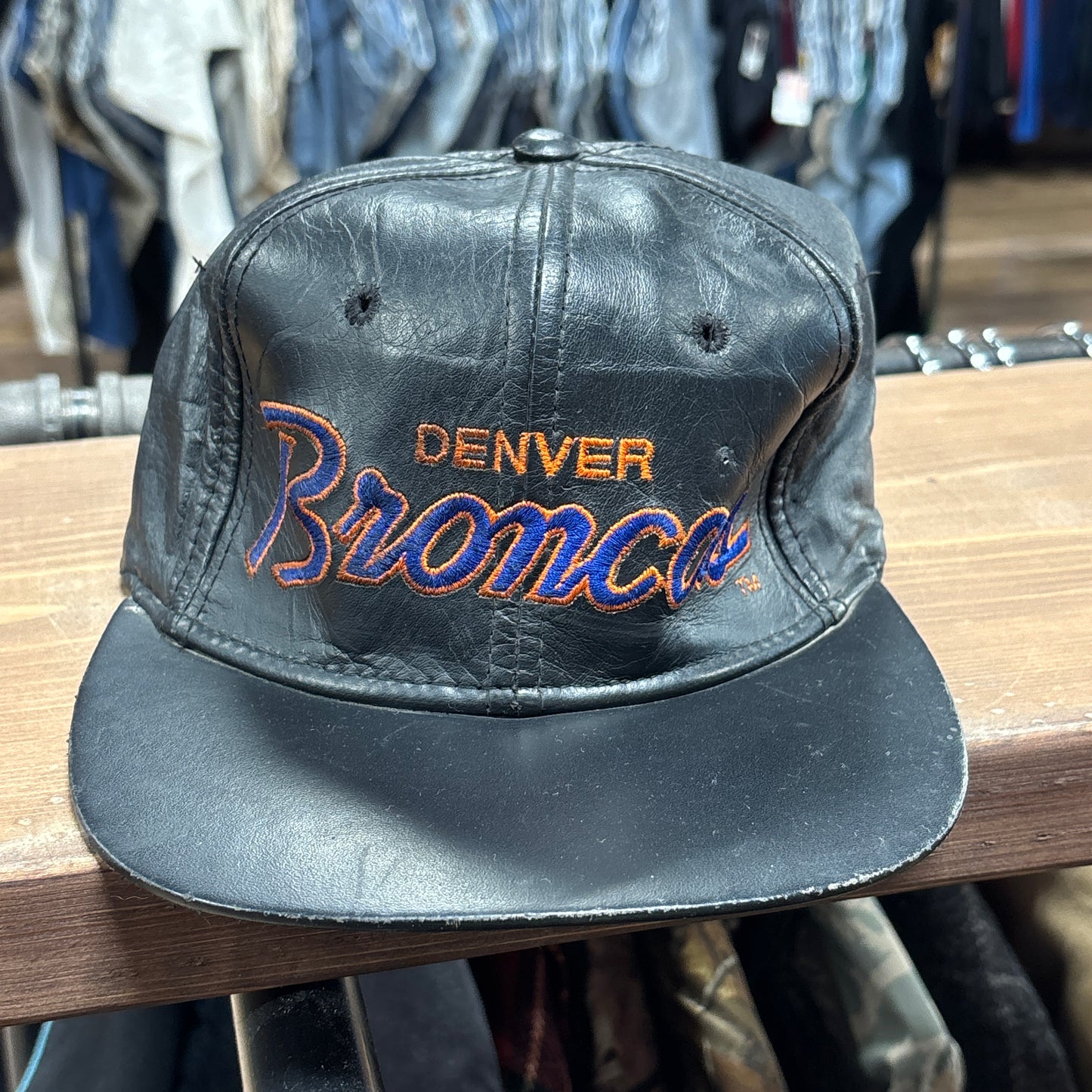 Vintage Sport Specialties Denver Broncos Leather Script Spellout Hat
