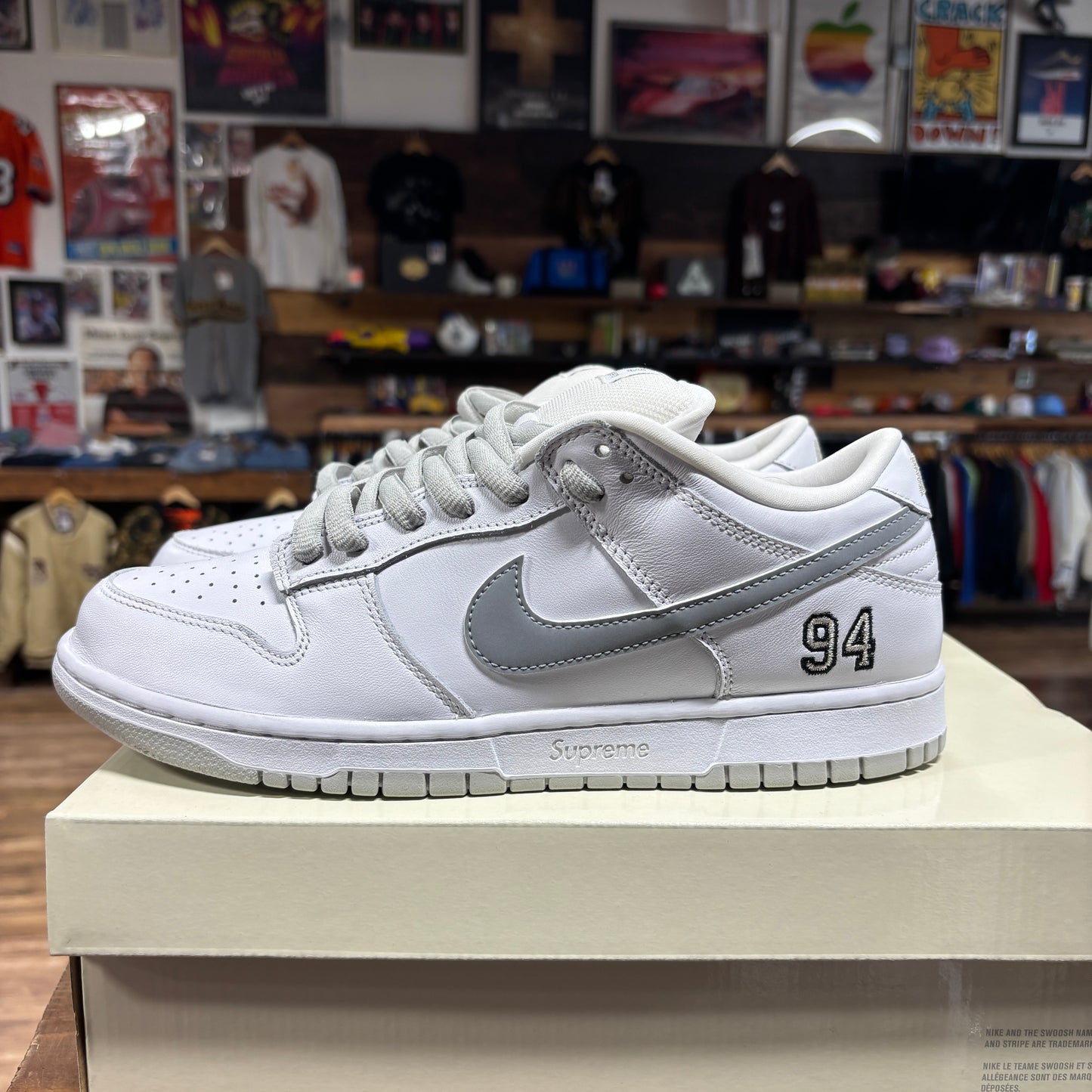 Nike SB Dunk Low 'Supreme 94 White Metallic Silver' Size 10.5