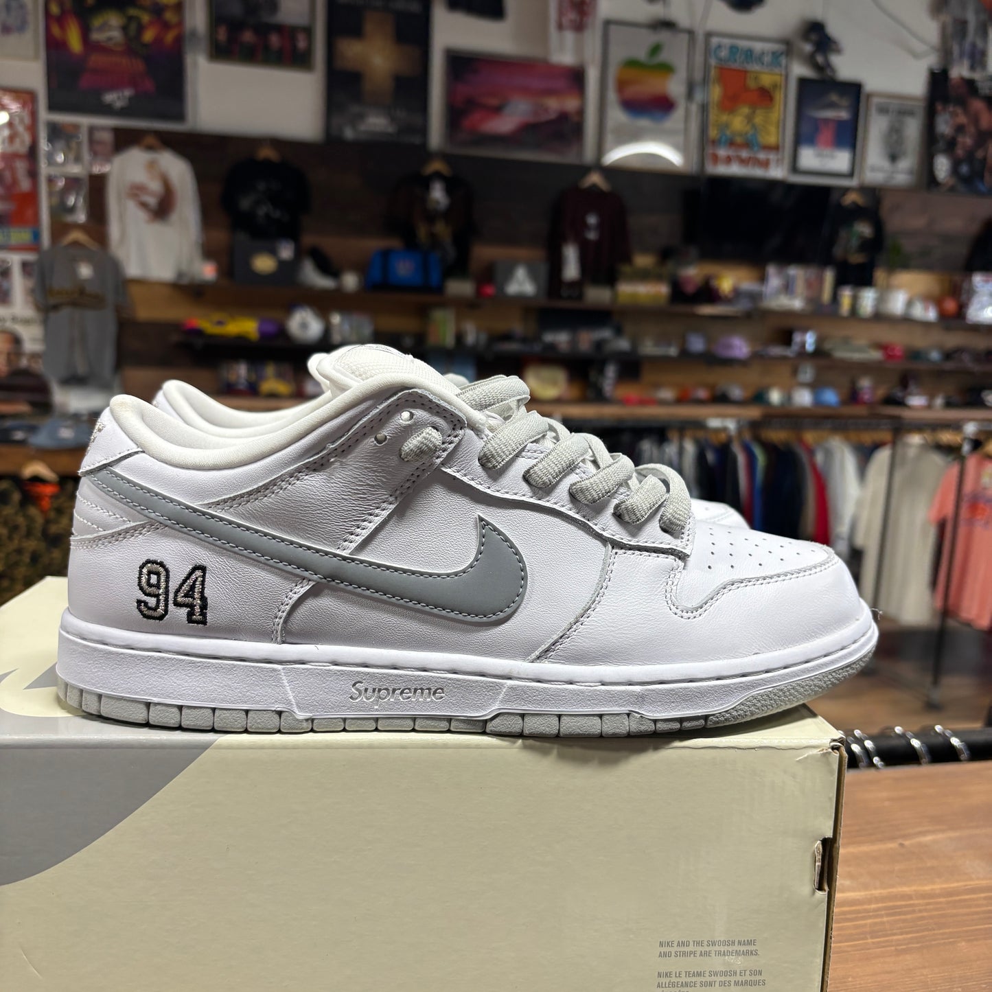 Nike SB Dunk Low 'Supreme 94 White Metallic Silver' Size 10.5