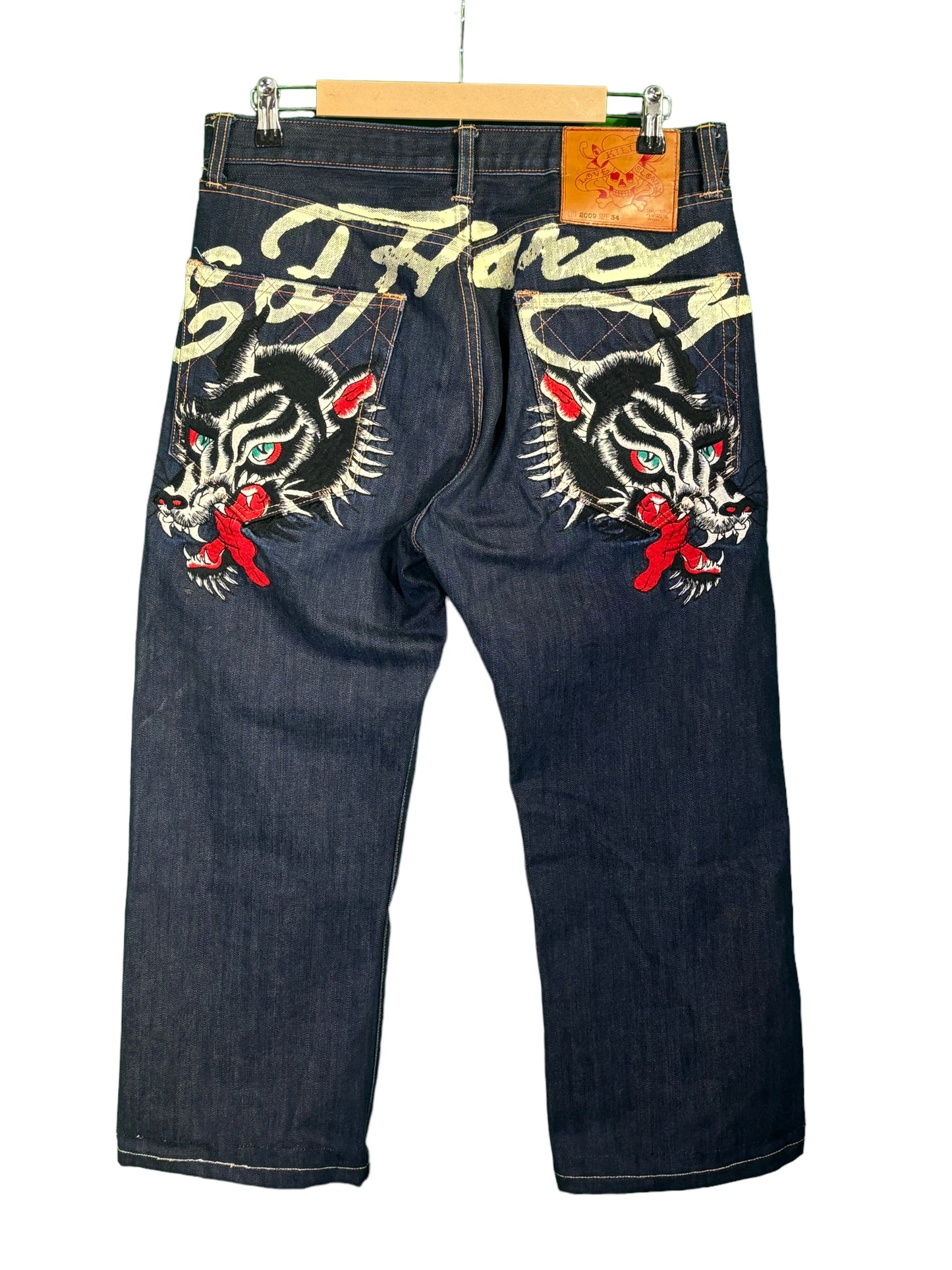 Vintage 00's Ed Hardy Dark Wash Tiger Embroidered Denim Jeans Size 34x26