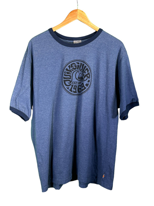Vintage Quiksilver Edition Blue Spiral Logo Made in USA Ringer Tee Size XXL