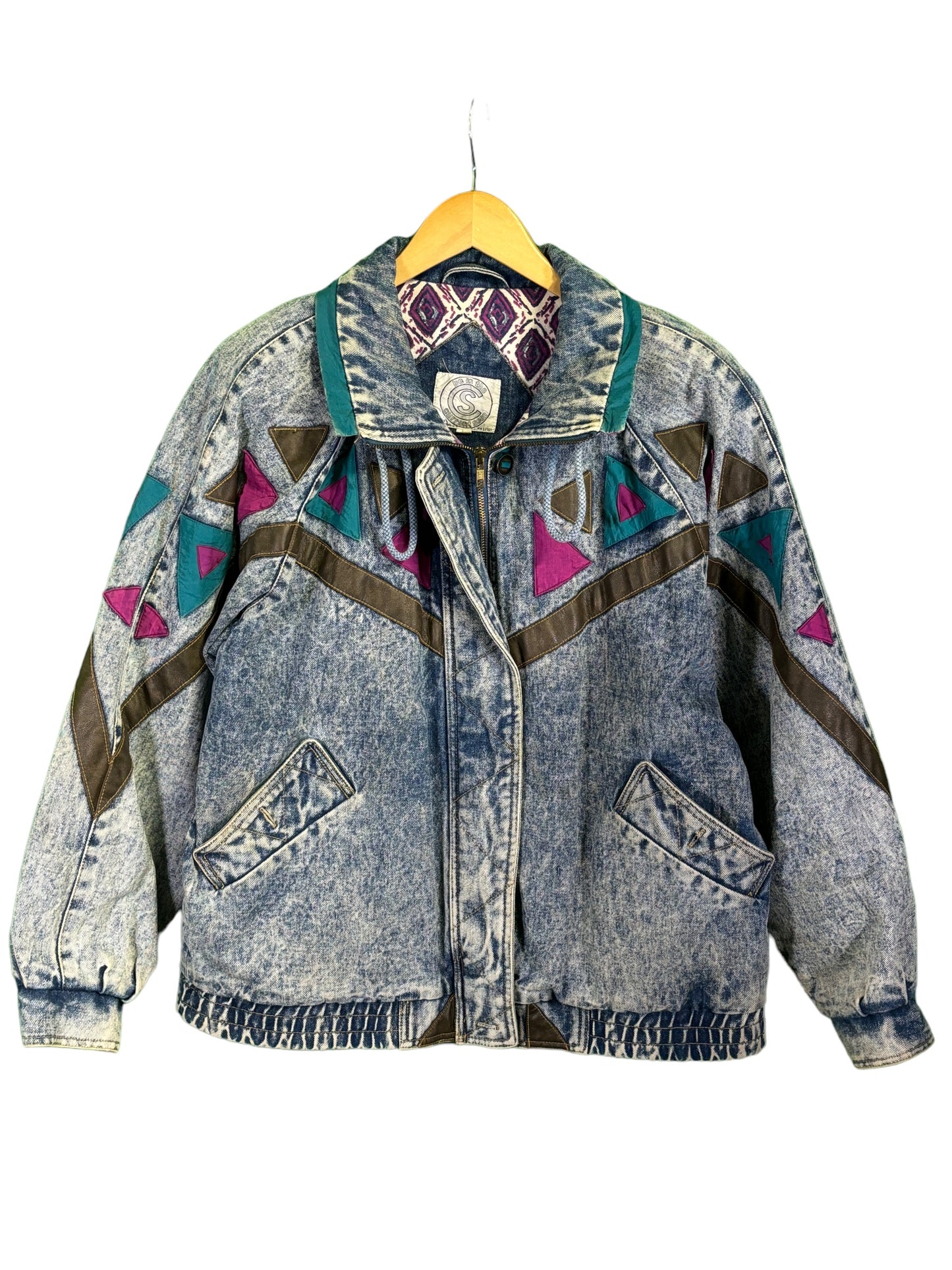 Vintage 80's Current Seen Denim Aztec Style Bomber Jacket Size Medium