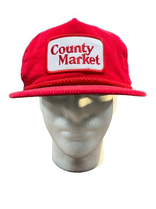 Vintage 90's County Market Grocery Store Red Corduroy Strapback Hat