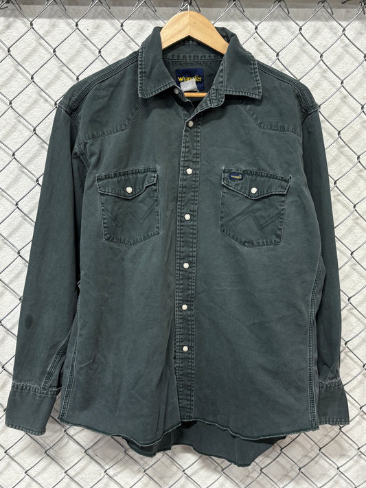 Vintage Wrangler Green Pearl Snap Distressed Button Up Shirt Size XL