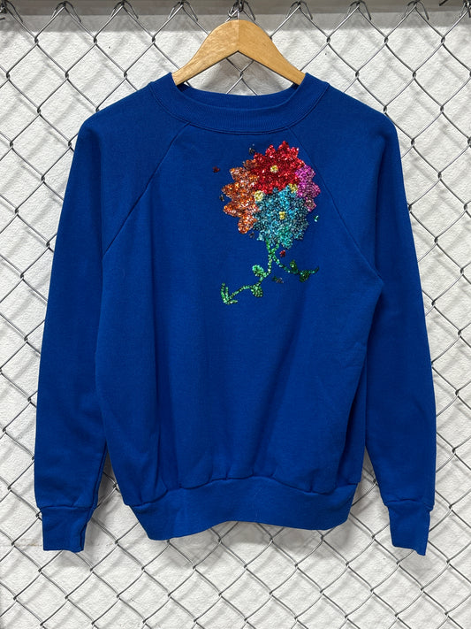 Vintage 90's Blue Bedazzled Flower Graphic Sweater Size Large
