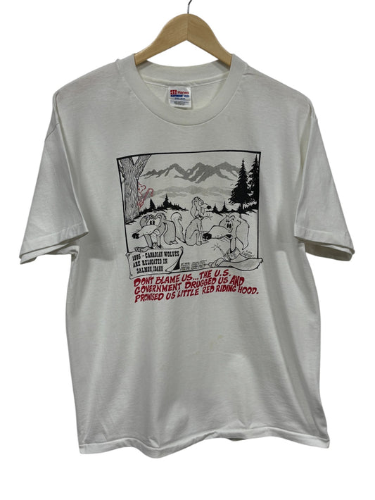 Vintage 1995 Wolves Relocation Cartoon Graphic Tee Size Large