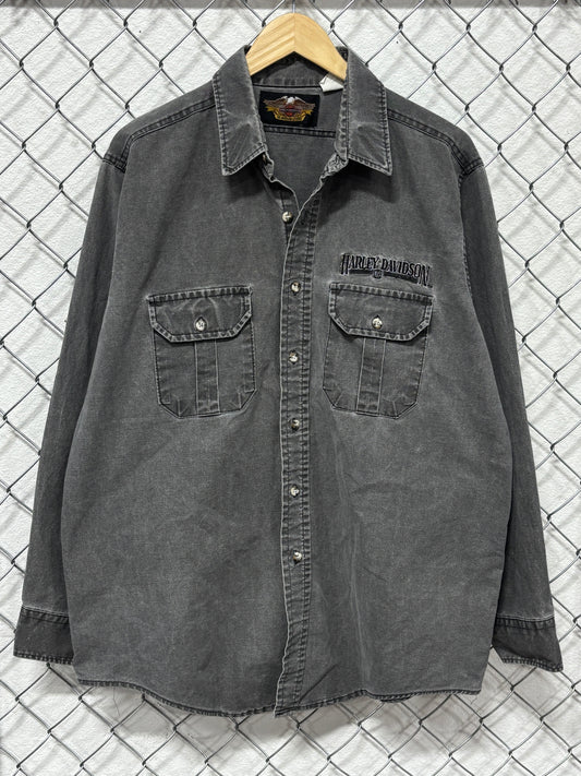 Vintage Harley Davidson Grey Denim Button Up Biker Shirt Size XXL