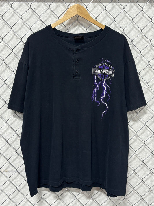 Vintage 90's Harley Davidson Lightning Henley Fat Hawg Tee Size XXL