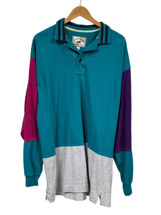 Vintage Cutter Buck Color Block Long Sleeve Polo Shirt Size XL