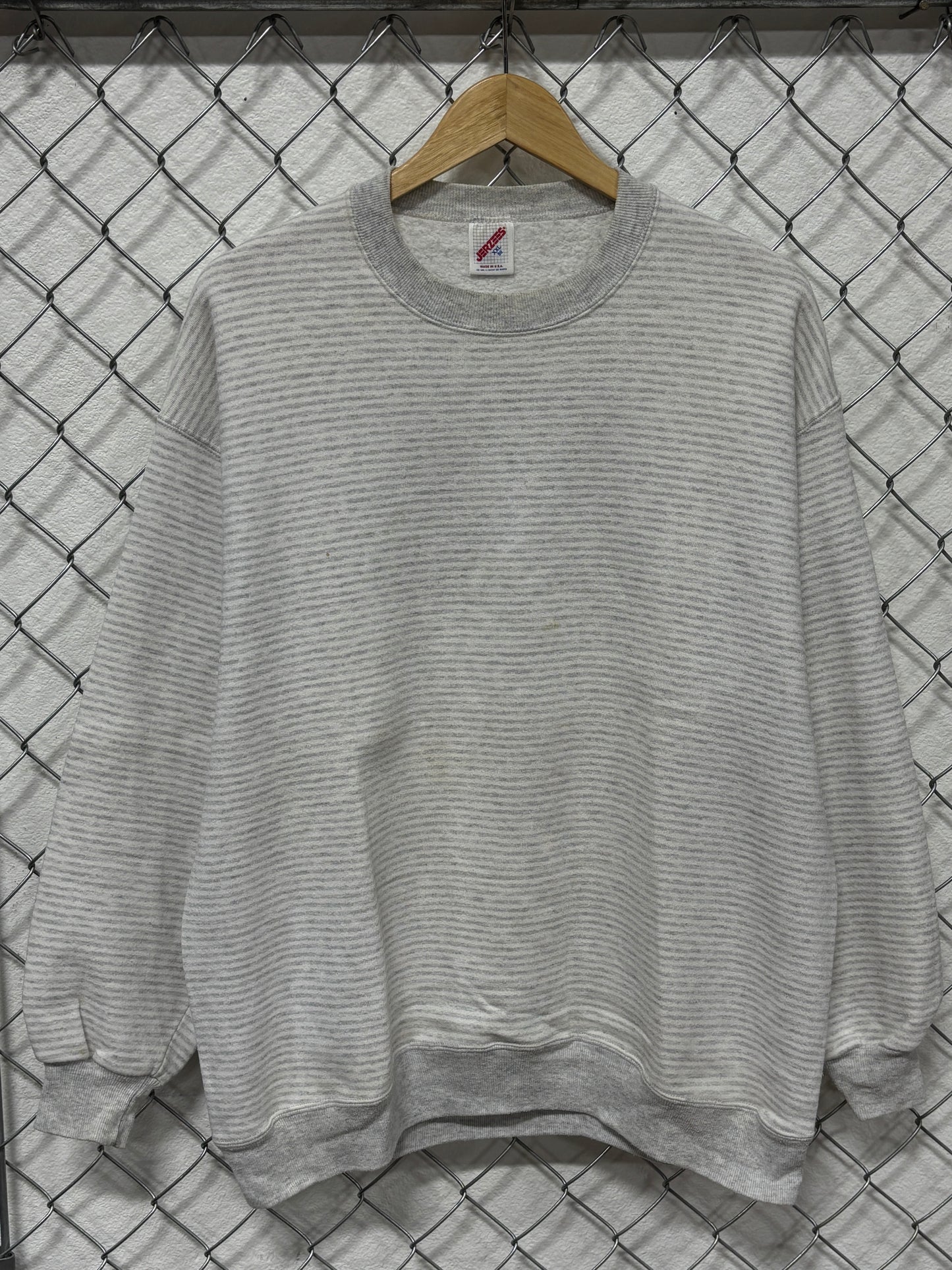 Vintage 90's Jerzees Grey Striped Blank Crewneck Sweater Size XXL