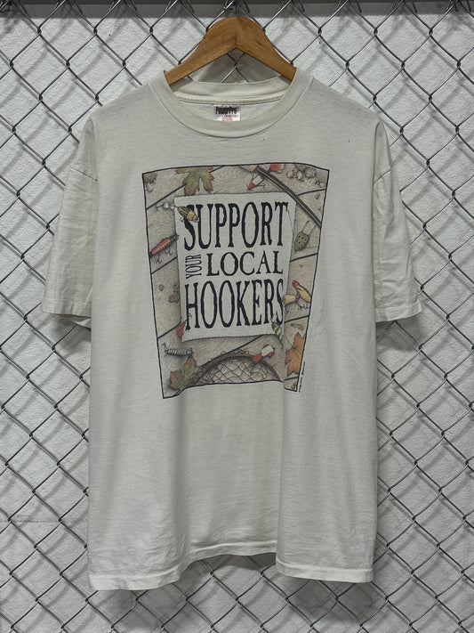 Vintage 90's Support Your Local Hookers Fishing Graphic Tee Size XL