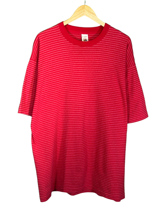 Vintage 90's Fruit of the Loom Red Striped Grunge Style Tee Size XL