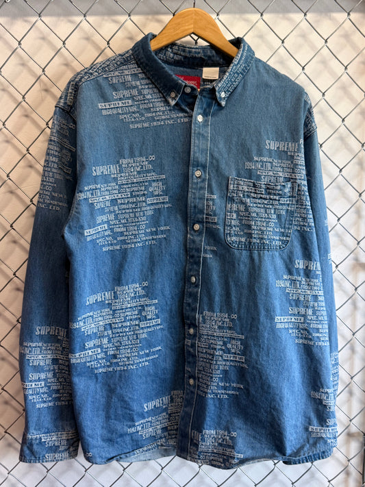 Supreme SS23 Trademark Jacquard Denim Shirt Blue Size XL