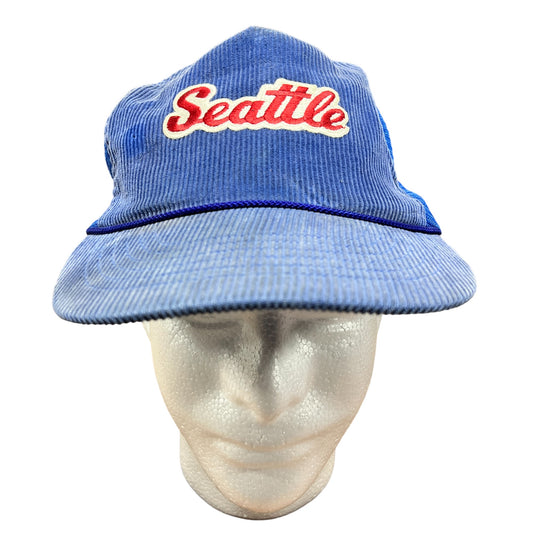 Vintage 90's Blue Corduroy Seattle Script Snapback Trucker Hat