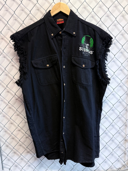 Harley Davidson Sturgis Biker Cut Off Button Up Shirt Size Large