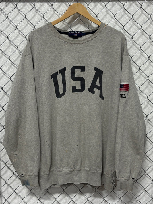 Vintage 90's Polo Sport Thrashed USA Spellout Grey Sweater Size XL