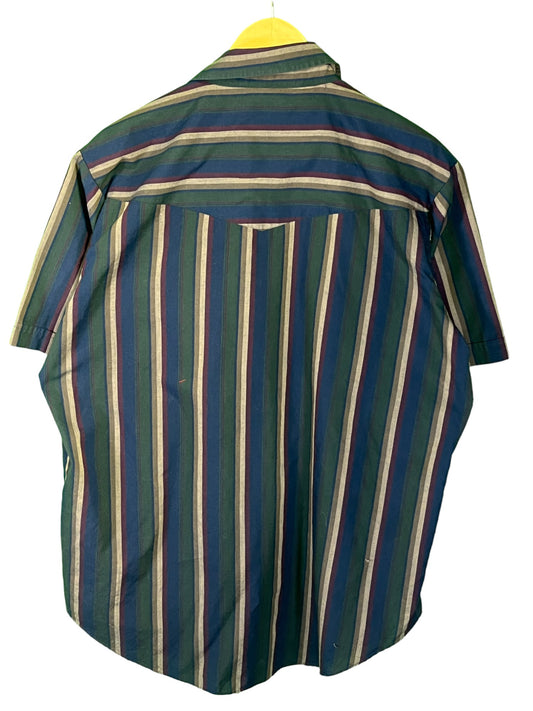 Vintage 90's Ely Plains Striped Short Sleeve Pearl Snap Button Up Size Large