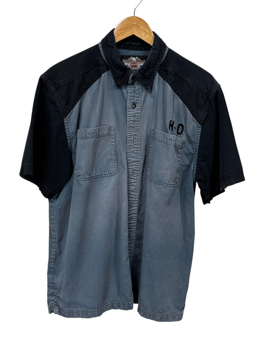 Vintage Harley Davidson Embroidered Mechanic Style Button Up Shirt Size Large