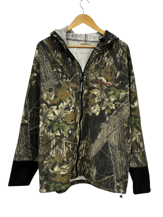 Vintage Black Mountain Outdoor Woodland Camo Hunting Zip Up Hoodie Size XL