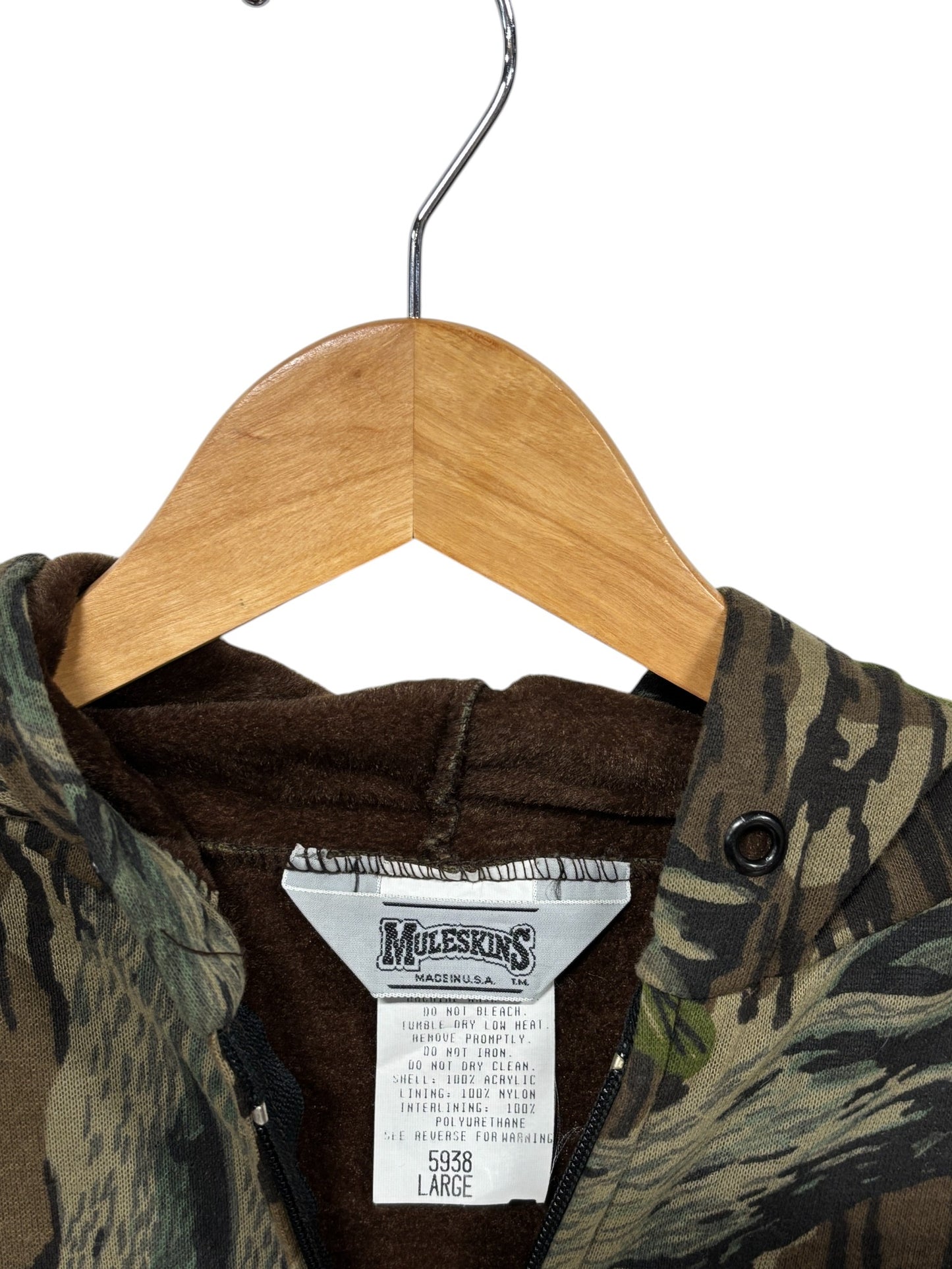 Vintage Muleskins Made in USA Woodland Camo Zip Up Hoodie Size Large