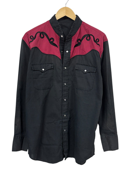 Vintage Black Red Western Pearl Snap Button Up Shirt Size Large