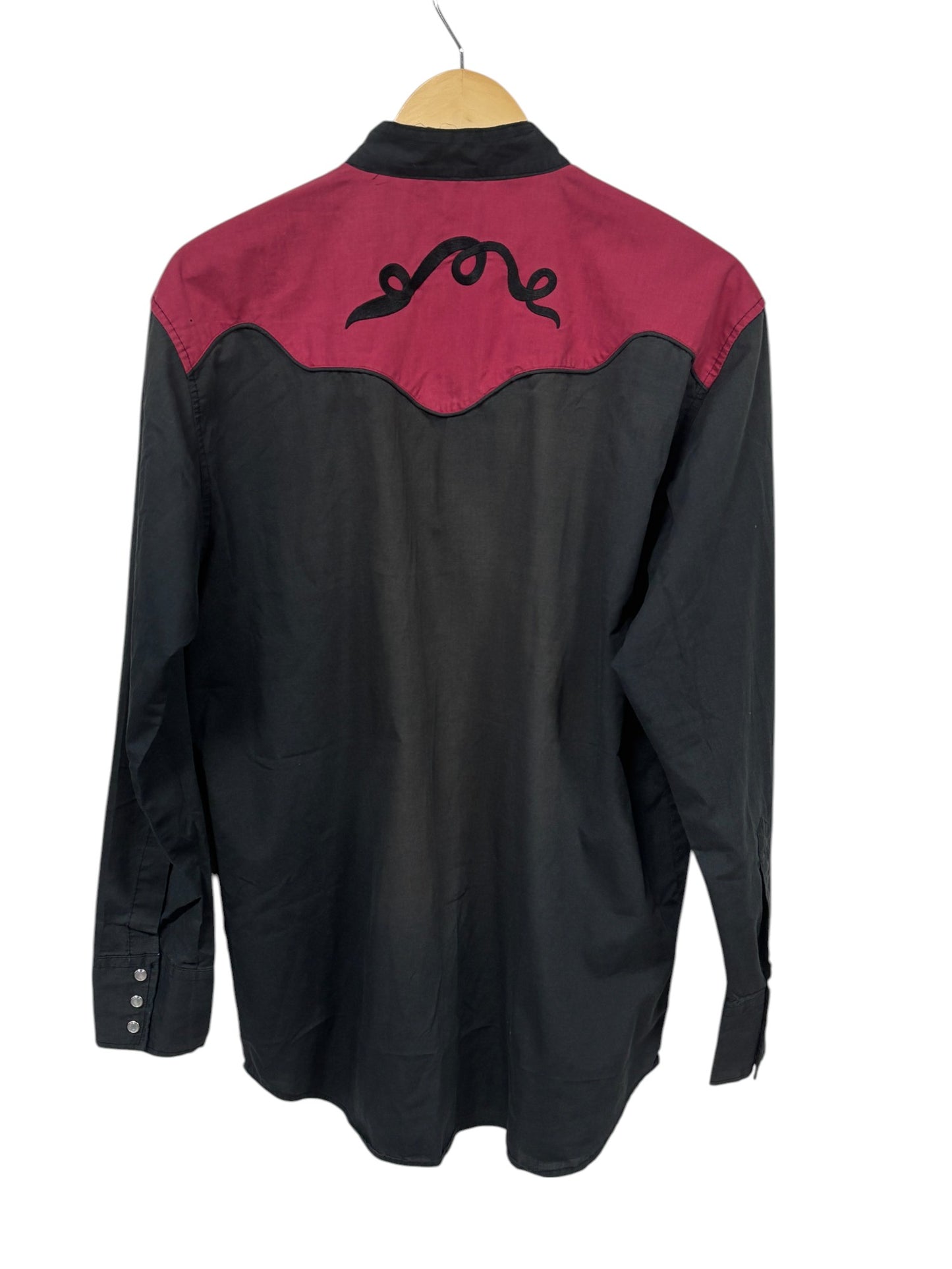 Vintage Black Red Western Pearl Snap Button Up Shirt Size Large