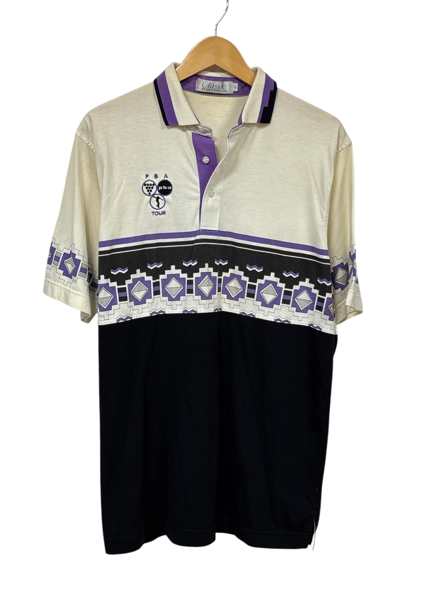 Vintage 90's PBA Pro Bowling Aztec Stripe Polo Shirt Size Large