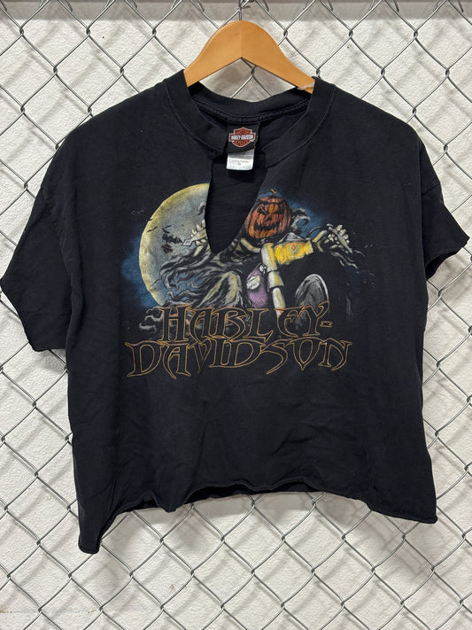 Vintage Harley Davidson Cropped Distressed Black Biker Tee Size XL