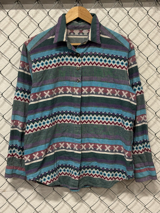 Vintage Aztec Style Western Button Up Long Sleeve Shirt Size Large