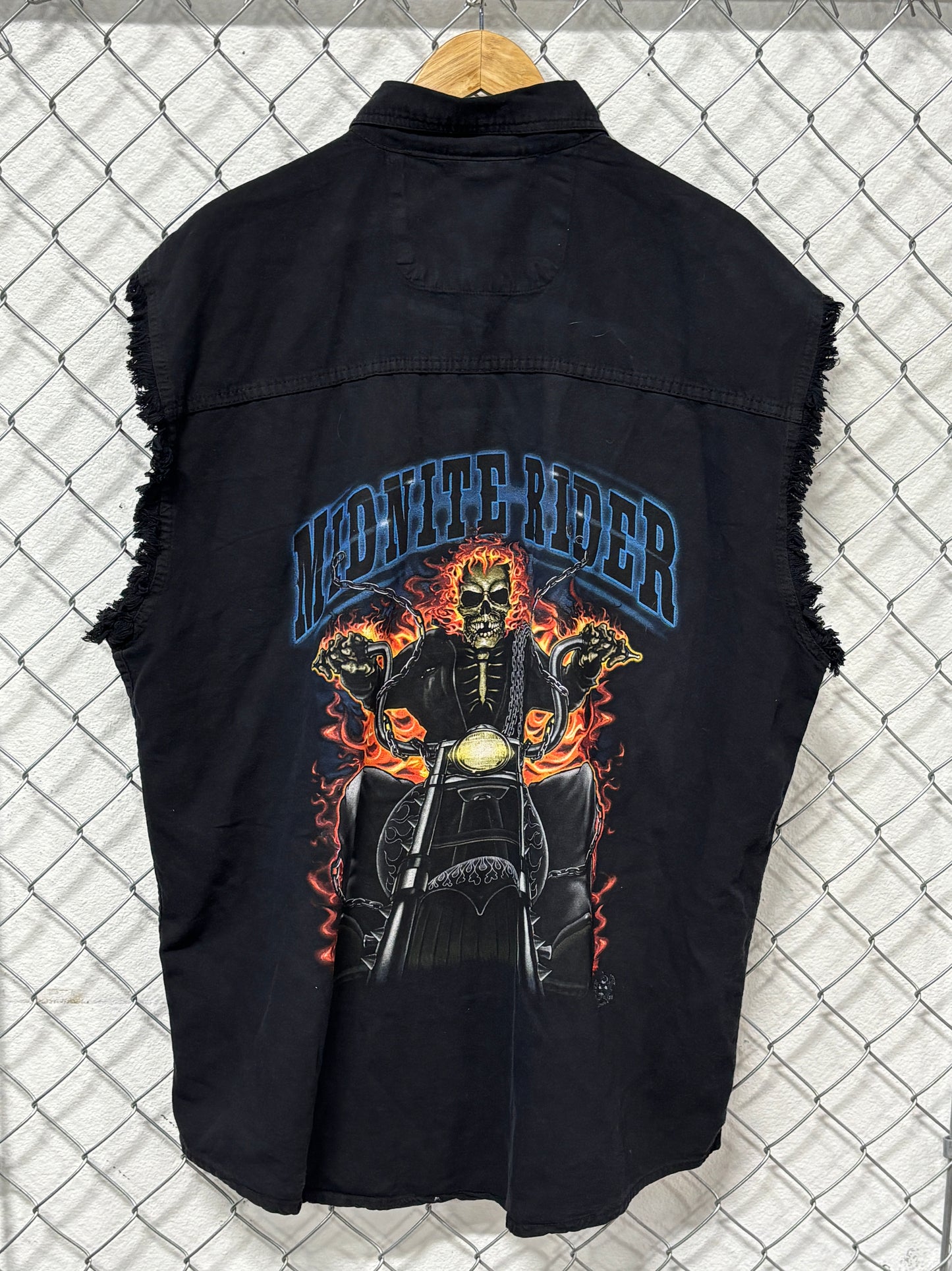 Vintage Y2K Style Biker Skull Flame Sleeves Zip Up Hoodie Size XL