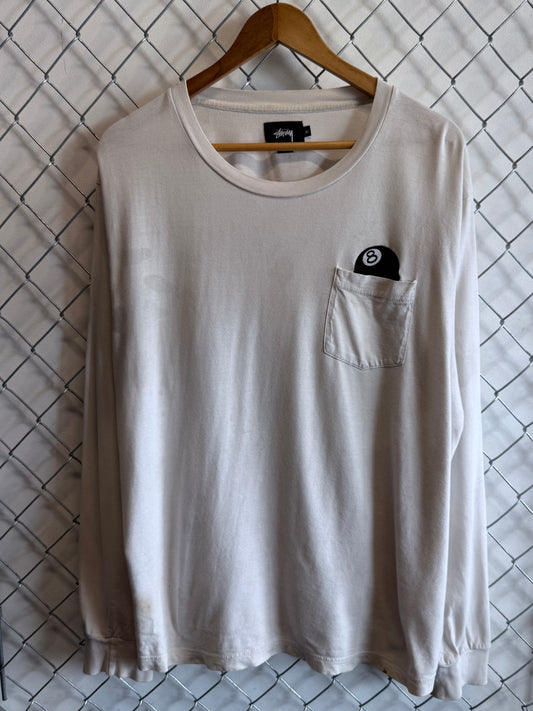 Stussy 8 Ball White Long Sleeve Pocket Shirt Size XL