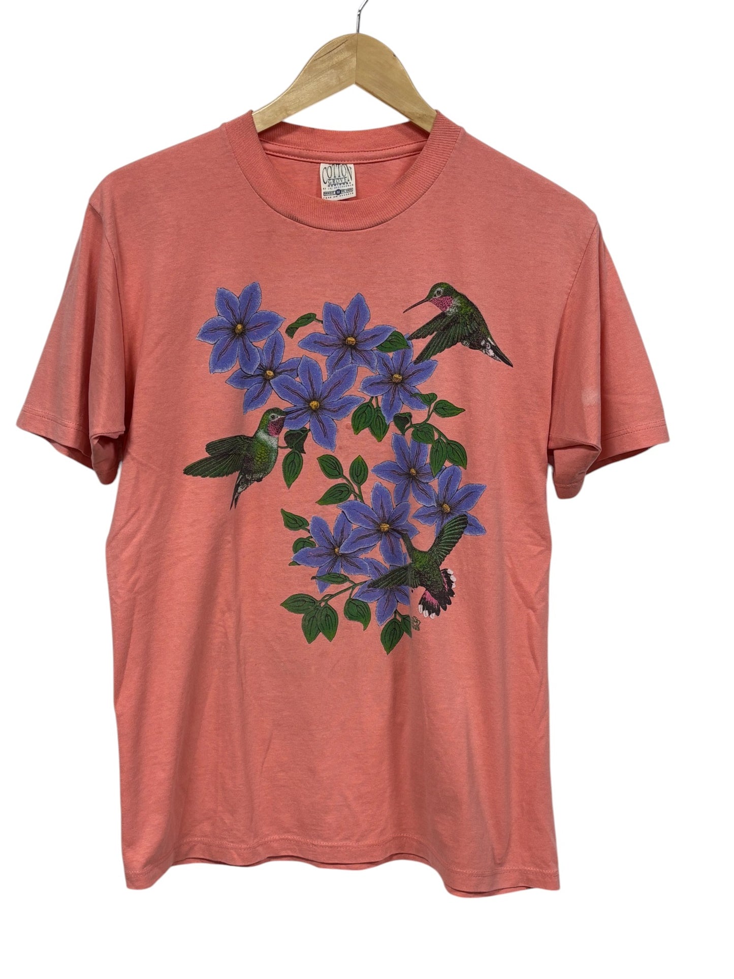 Vintage 90's Hummingbird Flowers Nature Graphic Tee Size Medium