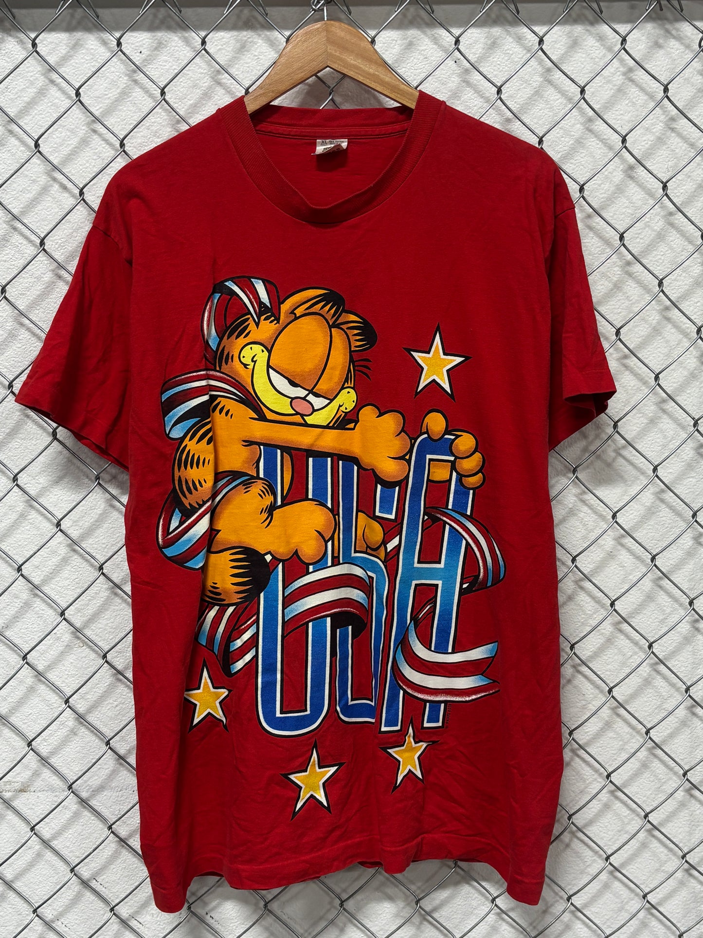 Vintage 90's Garfield USA Ribbon Big Print Cartoon Graphic Tee Size XL