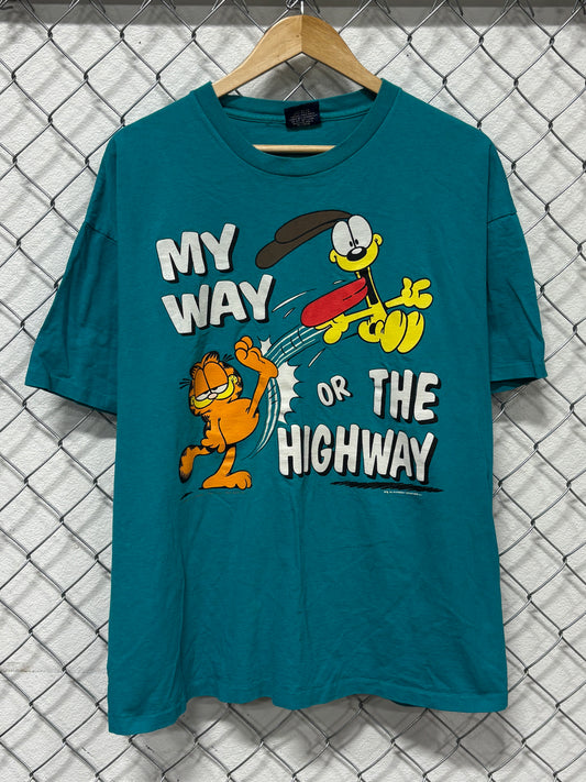 Vintage 90's Garfield My Way or the Highway Cartoon Graphic Tee Size XL