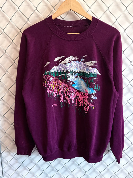 Vintage 90's Maroon Mountain Scene Nature Crewneck Sweater Size Large