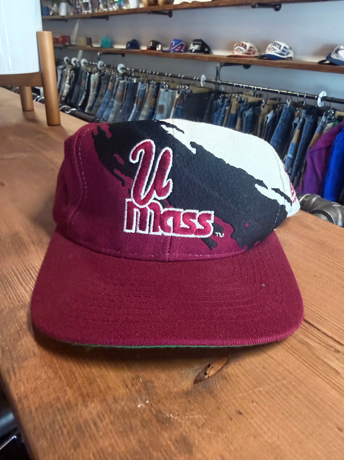 Vintage 90's Logo Athletic U Mass Paint Splatter Splash Snapback Hat