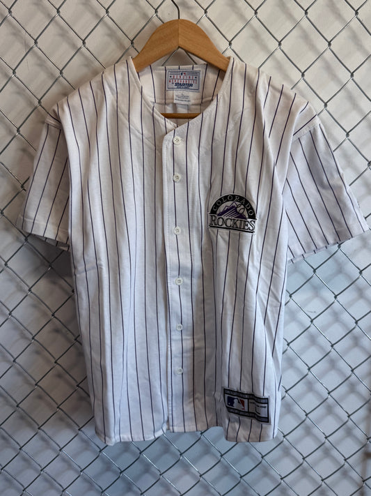 Vintage 90's Starter Colorado Rockies Pinstripe Baseball Jersey Size Large