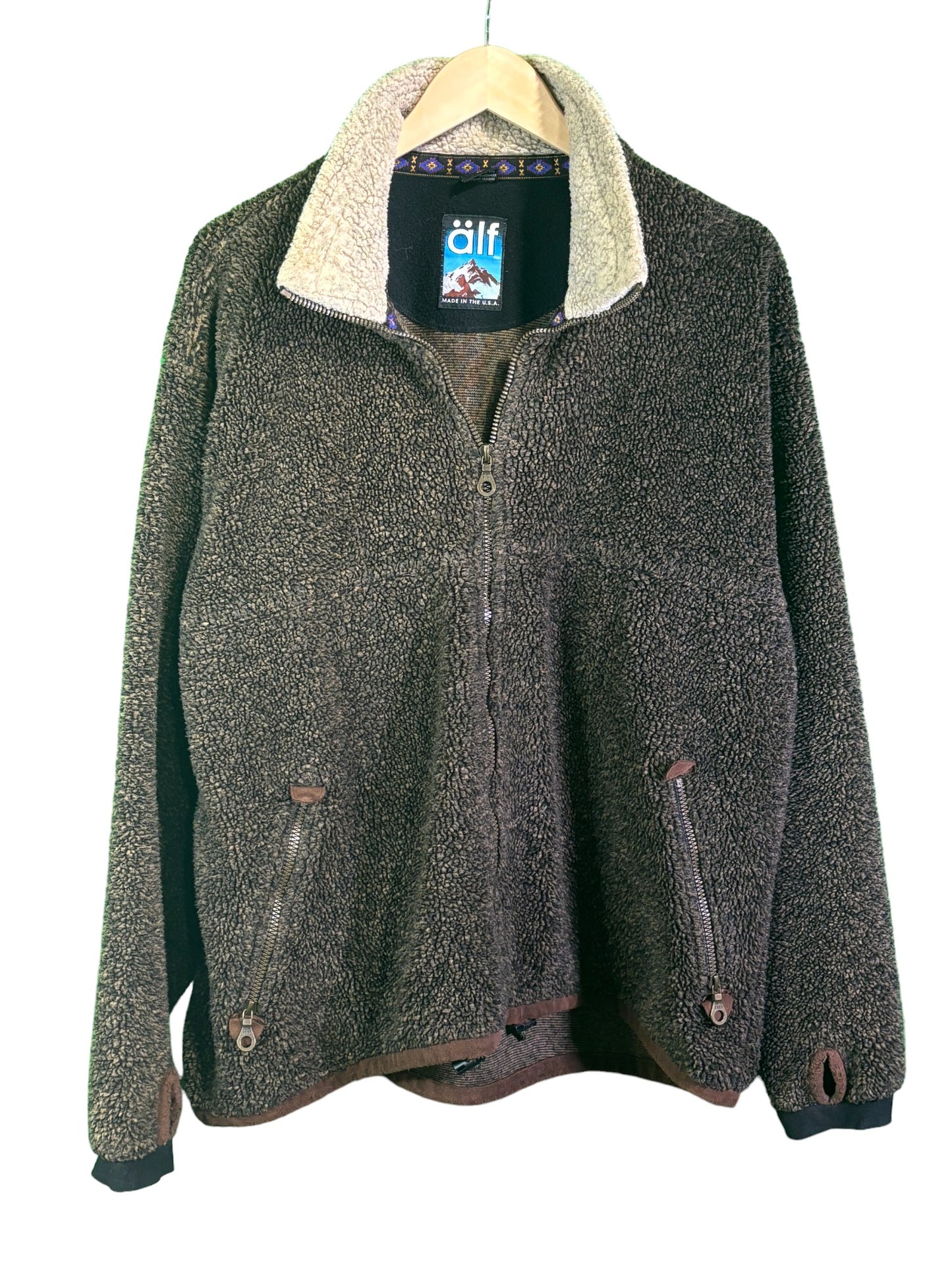 Vintage Alf Kuhl Brown Sherpa Full Zip Fleece Sweater Size XL